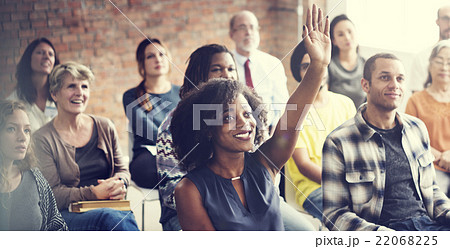 Audience Meeting Seminar Arms Raised Asking Concept 22068225