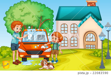 Dad and son washing car at home Dad and son washing car at home 22083590