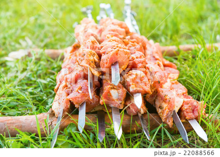 Many skewers with raw shish kebab 22088566