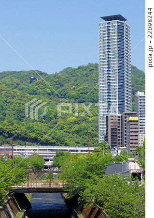 神戸 新緑の美しい生田川と高層マンション 22098244
