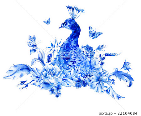 Vintage Blue Peacocks With Watercolor Rosesのイラスト素材