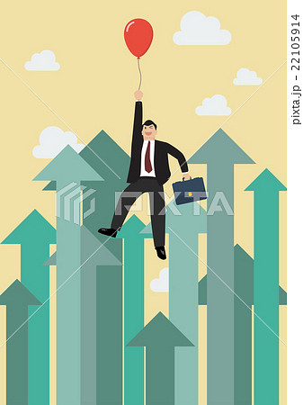 Man flying with red balloon against grow up arrows Man flying with red balloon against grow up arrows 22105914