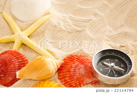 Compass, seastar and seashells in sand 22114794