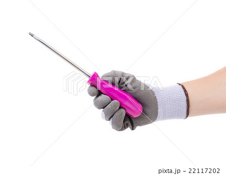 Hand in glove with purple screwdriver. Hand in glove with purple screwdriver. 22117202
