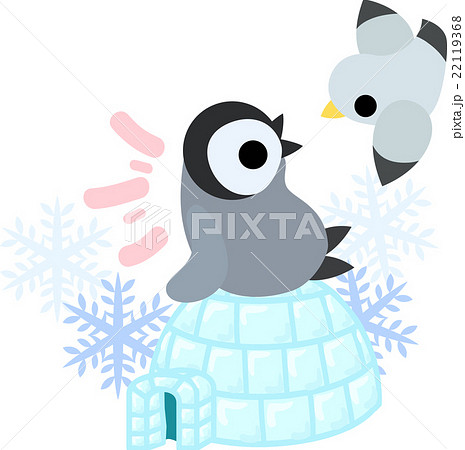 可愛い赤ちゃんペンギンと氷の家とカモメのイラスト素材