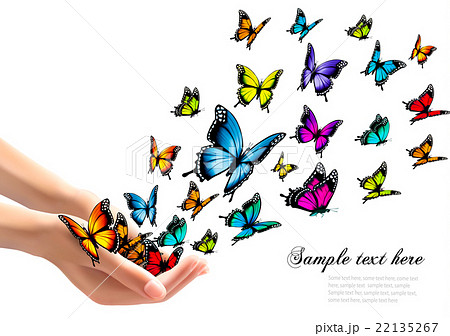 Hands Releasing Colorful Butterflies のイラスト素材