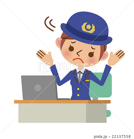 ノートパソコンの前で困った様子の女性警察官 ノートパソコンの前で困った様子の女性警察官 22137558