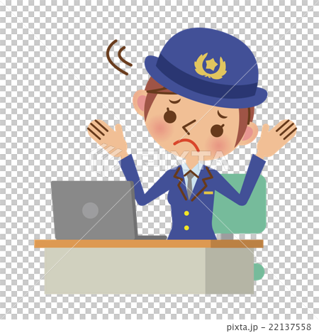 ノートパソコンの前で困った様子の女性警察官 ノートパソコンの前で困った様子の女性警察官 22137558