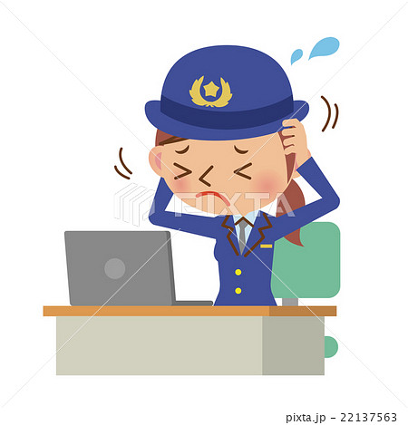 ノートパソコンの前で頭を抱える女性警察官 ノートパソコンの前で頭を抱える女性警察官 22137563