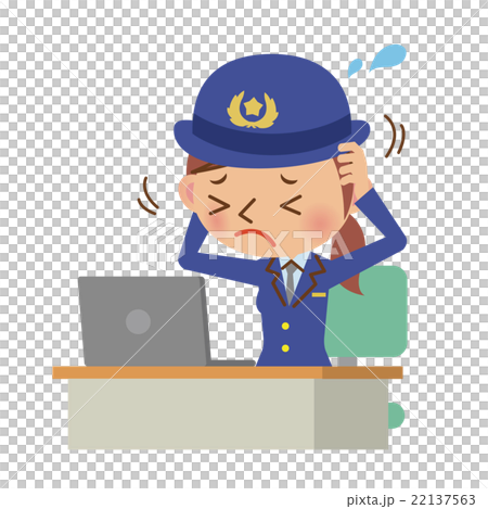 ノートパソコンの前で頭を抱える女性警察官 ノートパソコンの前で頭を抱える女性警察官 22137563