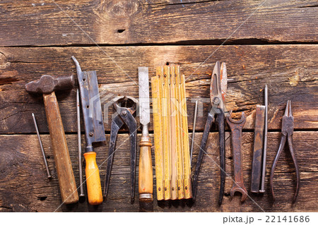 retro tools on wooden background 22141686
