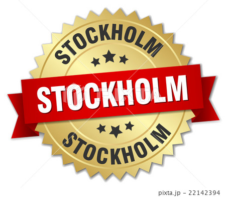 Stockholm round golden badge with red ribbon Stockholm round golden badge with red ribbon 22142394