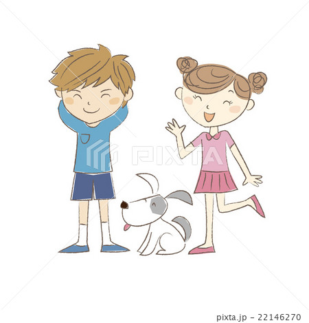 犬と一緒の女の子と男の子のイラスト素材