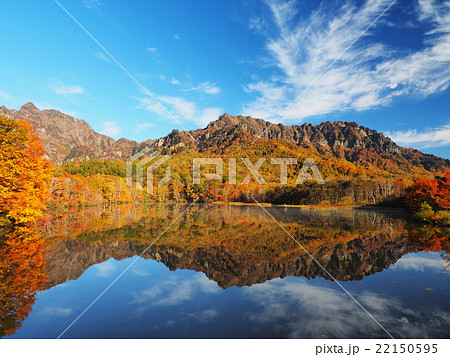 紅葉の戸隠高原と鏡池の写真素材