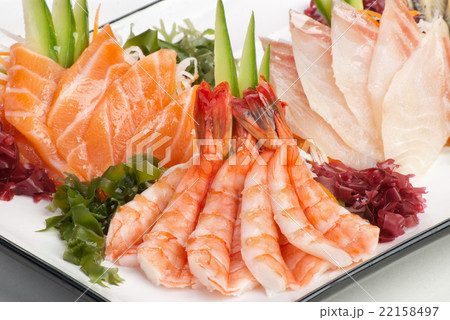 Set of Sashimi on Daikon with Seaweed, Cucumber Set of Sashimi on Daikon with Seaweed, Cucumber 22158497
