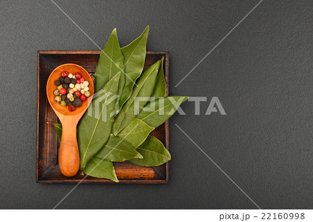 Bay leaves and pepper on black chalkboard 22160998