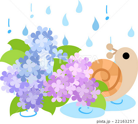 可愛いかたつむりと紫陽花と雨のイラスト素材