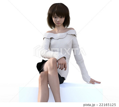 座って見つめるオフショルダーセーターの女性 Perming3dcgイラスト素材のイラスト素材