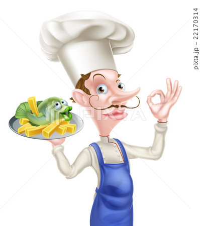 Chef Holding Fish and Chips Giving Perfect Sign 22170314