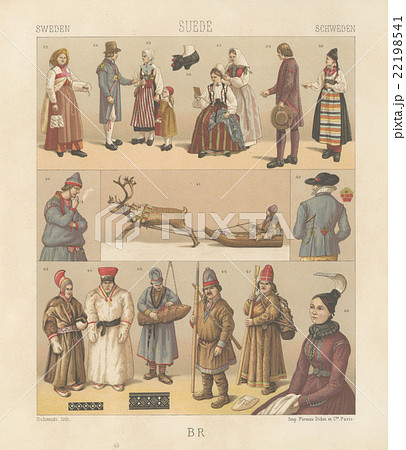 19世紀ファッションイラスト A ラシネ スウェーデンの民族衣装 のイラスト素材