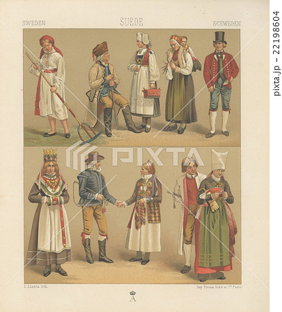 19世紀ファッションイラスト A ラシネ スウェーデンの民族衣装 のイラスト素材