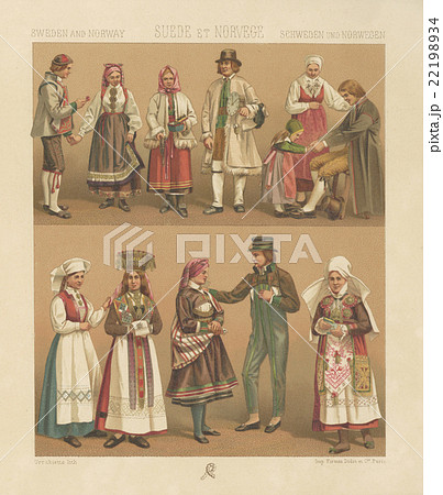 19世紀ファッションイラスト A ラシネ スウェーデンとノルウェーの民族衣装 のイラスト素材
