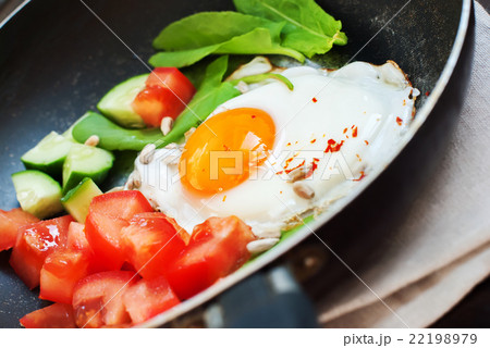 Fried Eggs Frying Pan Healthy Breakfast Closeup Fried Eggs Frying Pan Healthy Breakfast Closeup 22198979