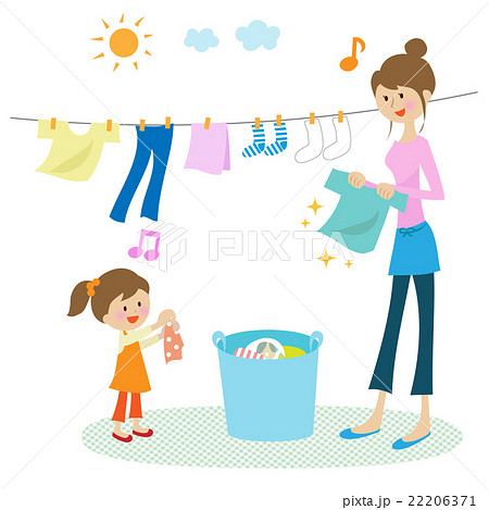 洗濯をするお母さんと子供のイラスト素材