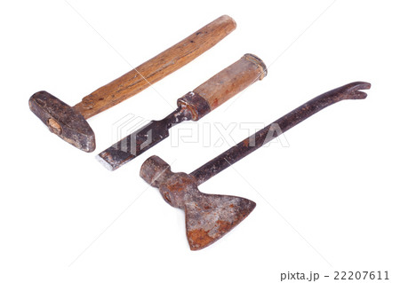 set of old tools: a hammer, ax, chisel isolated 22207611