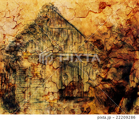 Cottage hand drawing and wild grapevine. Draving 22209286