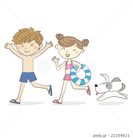 犬といっしょに走る水着の男の子と女の子 犬といっしょに走る水着の男の子と女の子 22209621