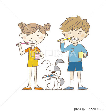 犬といっしょに歯磨きをする男の子と女の子のイラスト素材