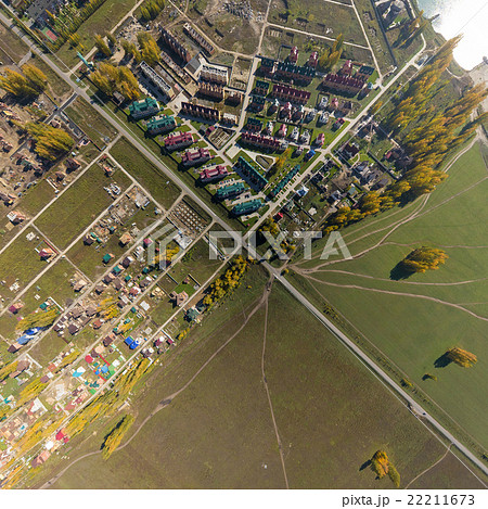 Aerial view of a summer house village at blue sea 22211673
