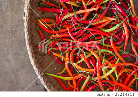 Several red and green hot chili peppers in basket 22214311