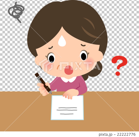 書類の前でペンを持って困っている中年女性 22222776
