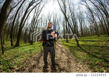 Male hiker looking to the side walking in forest 22224433