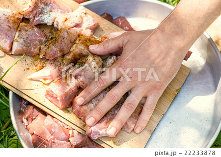 Preparation of meat skewers for barbeque Preparation of meat skewers for barbeque 22233878