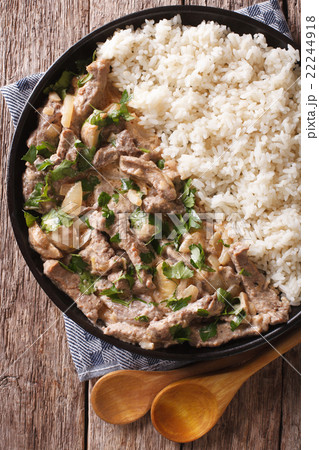 Delicious beef stroganoff with rice close-up 22244918
