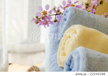 Selective focus of rolled bath towels at home 22245296