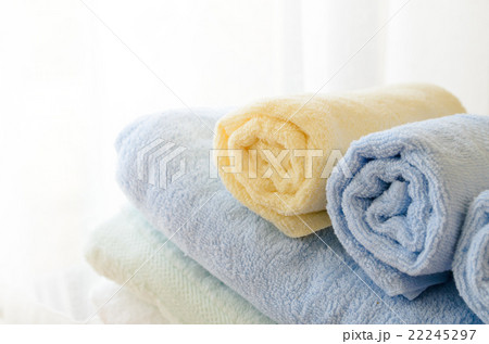 Selective focus of rolled bath towels at home 22245297