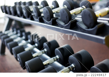 Row of dumbbells at gym Row of dumbbells at gym 22249417