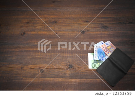 Open Black Leather Wallet With Euro Bills On Wood 22253359