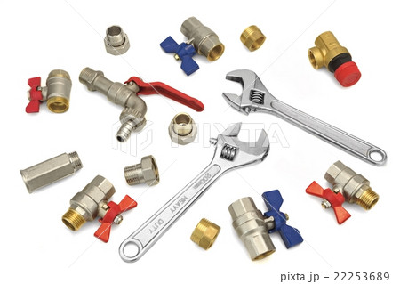 Adjustable Wrench And Many  Ball Valves Isolated 22253689