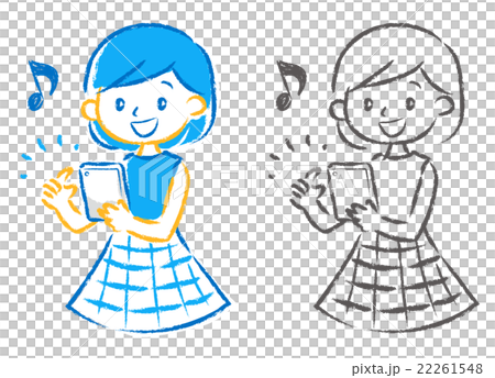スマホを楽しそうに操作する 手書き風おしゃれ女子 カラーver 1cver のイラスト素材