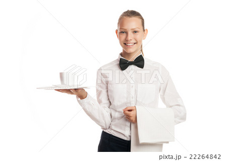 Portrait of waitress holding tray with cup Portrait of waitress holding tray with cup 22264842