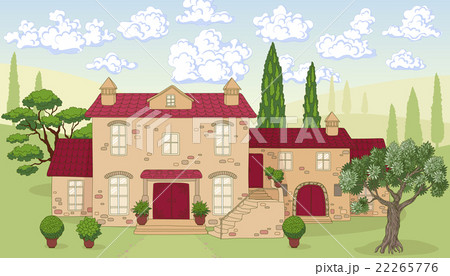 Cartoon landscape with house, trees and clouds. Cartoon landscape with house, trees and clouds. 22265776