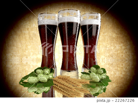 black beers, barley, hops - 3D render black beers, barley, hops - 3D render 22267226