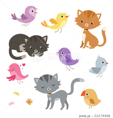Funny cartoon cats and birds set. 22274408
