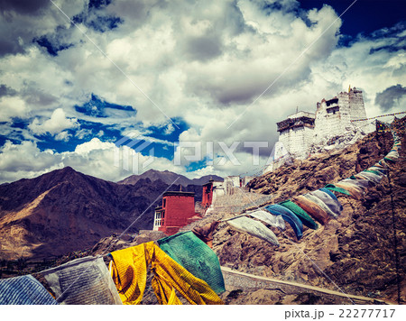 Leh gompa and lungta prayer flags. Leh, Ladakh 22277717