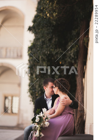 Happy wedding couple, groom, bride with pink dress 22289954